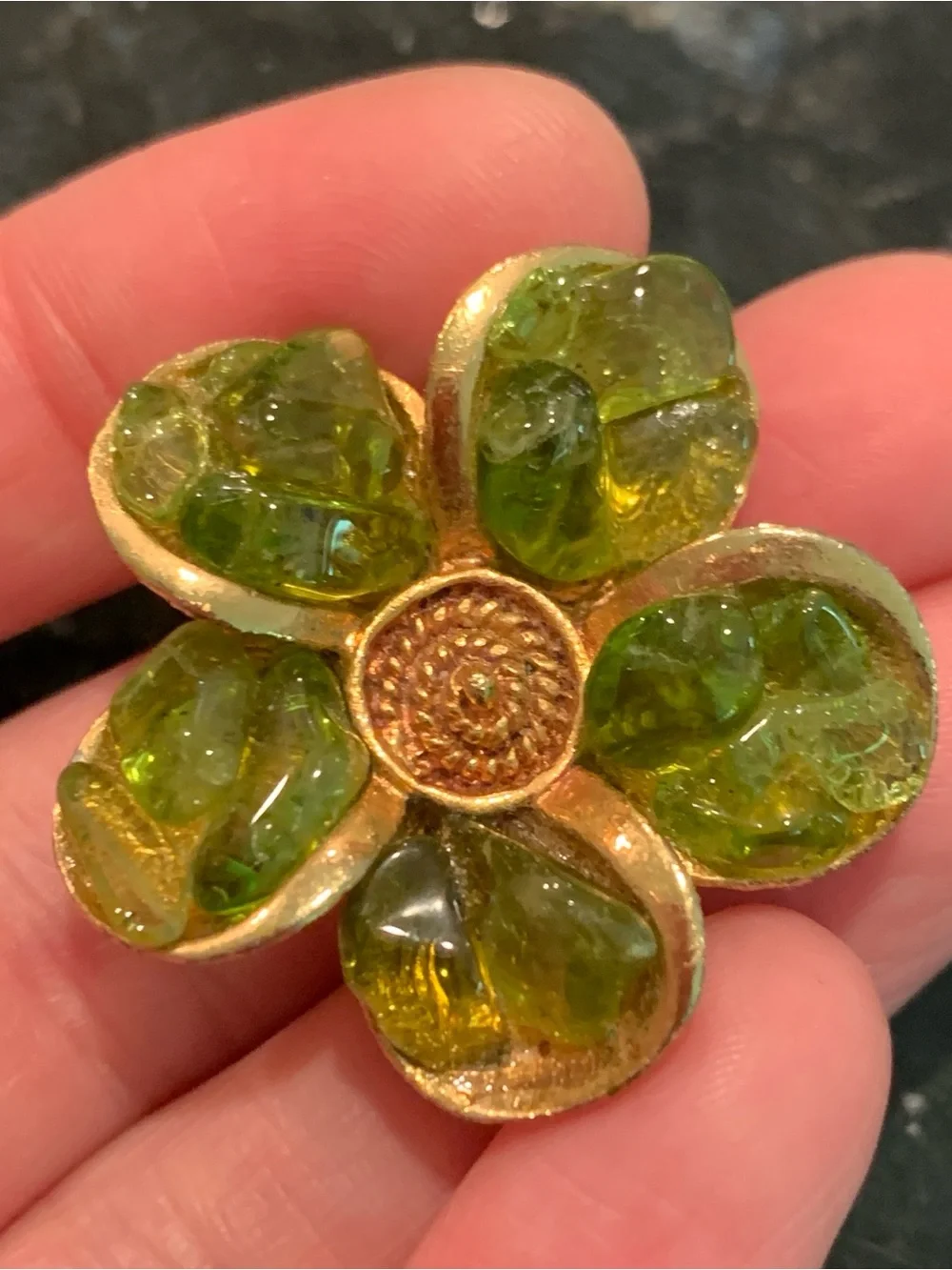 Vintage Gold Tone 5 Petal Flower Brooch Olive Green Art Glass Pin Mid Century
